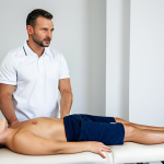 A professional, experienced male sports massage therapist, mid-30s, wearing professional clinic attire. He is fully clothed. He is attentively listening to a female client, mid-20s, who is also fully clothed in modest athletic wear. The therapist is in a natural, respectful pose, perhaps gesturing subtly while explaining. The client is seated comfortably on a massage table, looking engaged and receptive. The setting is a clean, well-lit, modern sports massage clinic room, with professional massage equipment and a calming, muted color palette. High-resolution professional photography, soft studio lighting, crisp details, perfect anatomy, correct proportions, natural body proportions, well-formed hands, proper finger count. safe for work, appropriate content, fully clothed, professional dress, modest clothing.